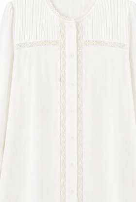 Vintage White Lace Trim Round‑Neck Blouse, Lantern Puff Long‑Sleeve Button‑Front Top Y-39797