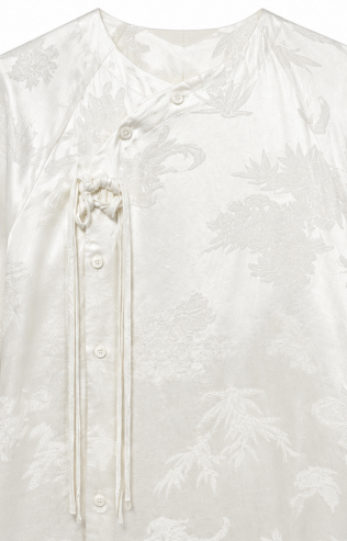 Elegant White Satin Frog‑Button Tunic Shirt, New Chinese‑Style Round‑Neck Long‑Sleeve Loose‑Fit Jacquard Dressy Blouse W-38227