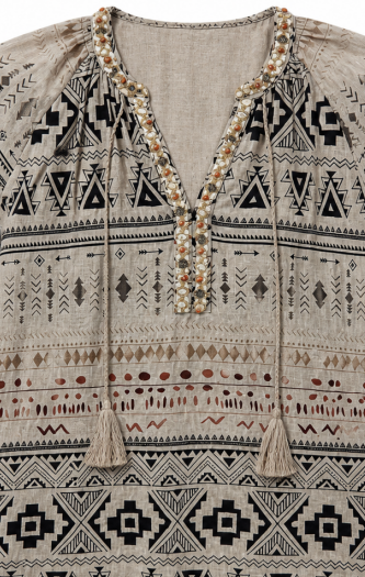 Chic Ethnic‑Print Boho Blouse, V‑Neck Tassel Detail Beaded Embroidery Long‑Sleeve Relaxed‑Fit Casual‑Vacation Tunic Top W-41402