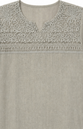 Women's Oatmeal Linen Lace‑Yoke Blouse, Round‑Neck Cut‑Work Lace Shoulder Short‑Sleeve Side‑Slit Loose‑Fit Casual Top W-42900