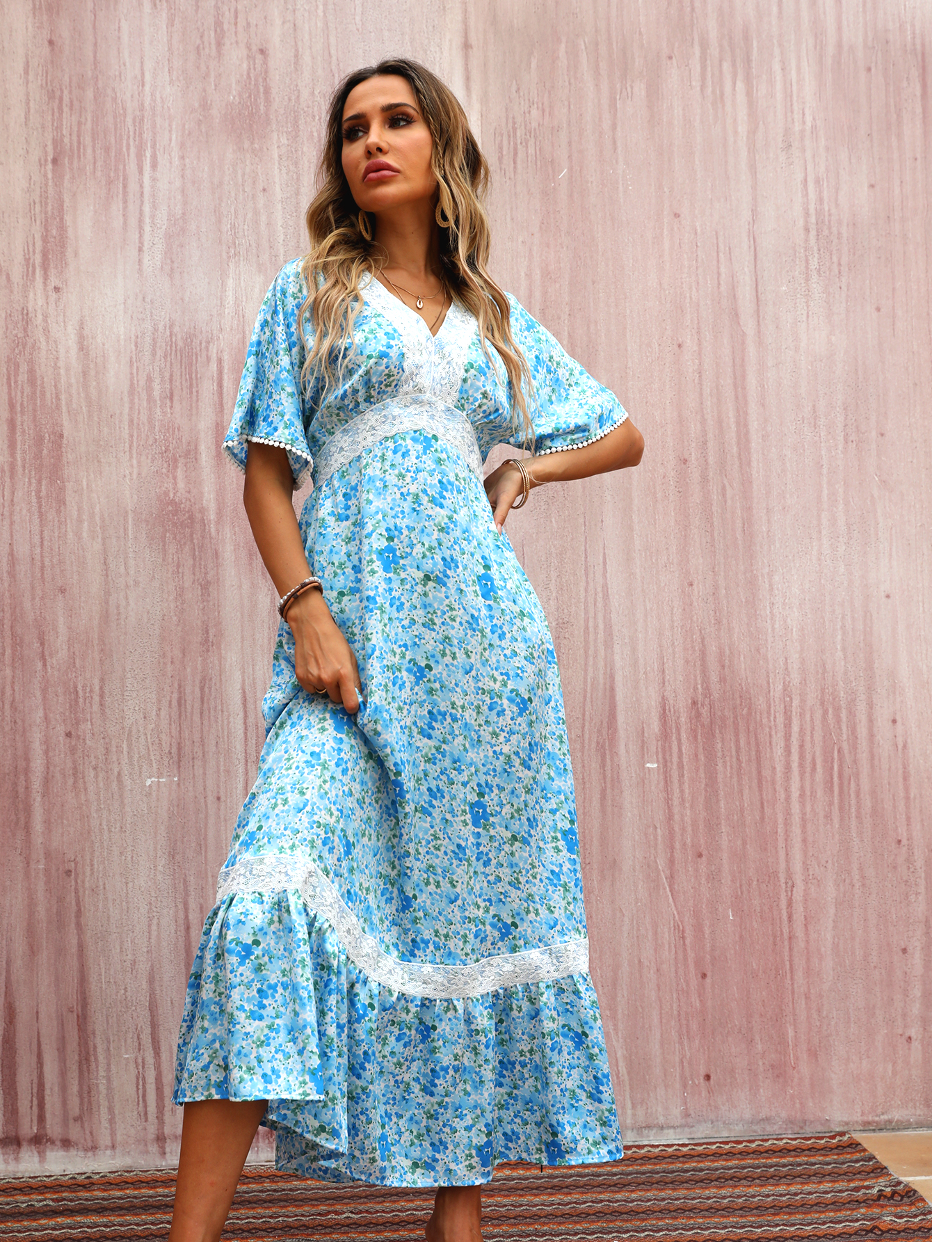 Wholesale Blue Floral Boho Maxi Dress D-32703