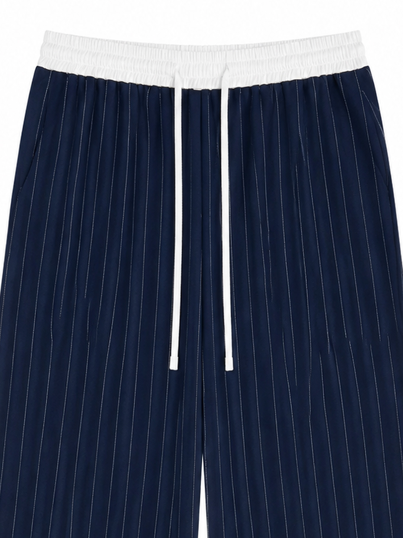 Women's Navy Blue Pinstripe Wide‑Leg Pants, High‑Waist White Contrast Elastic Waist Drawstring Loose‑Flow Casual Trousers A-42876