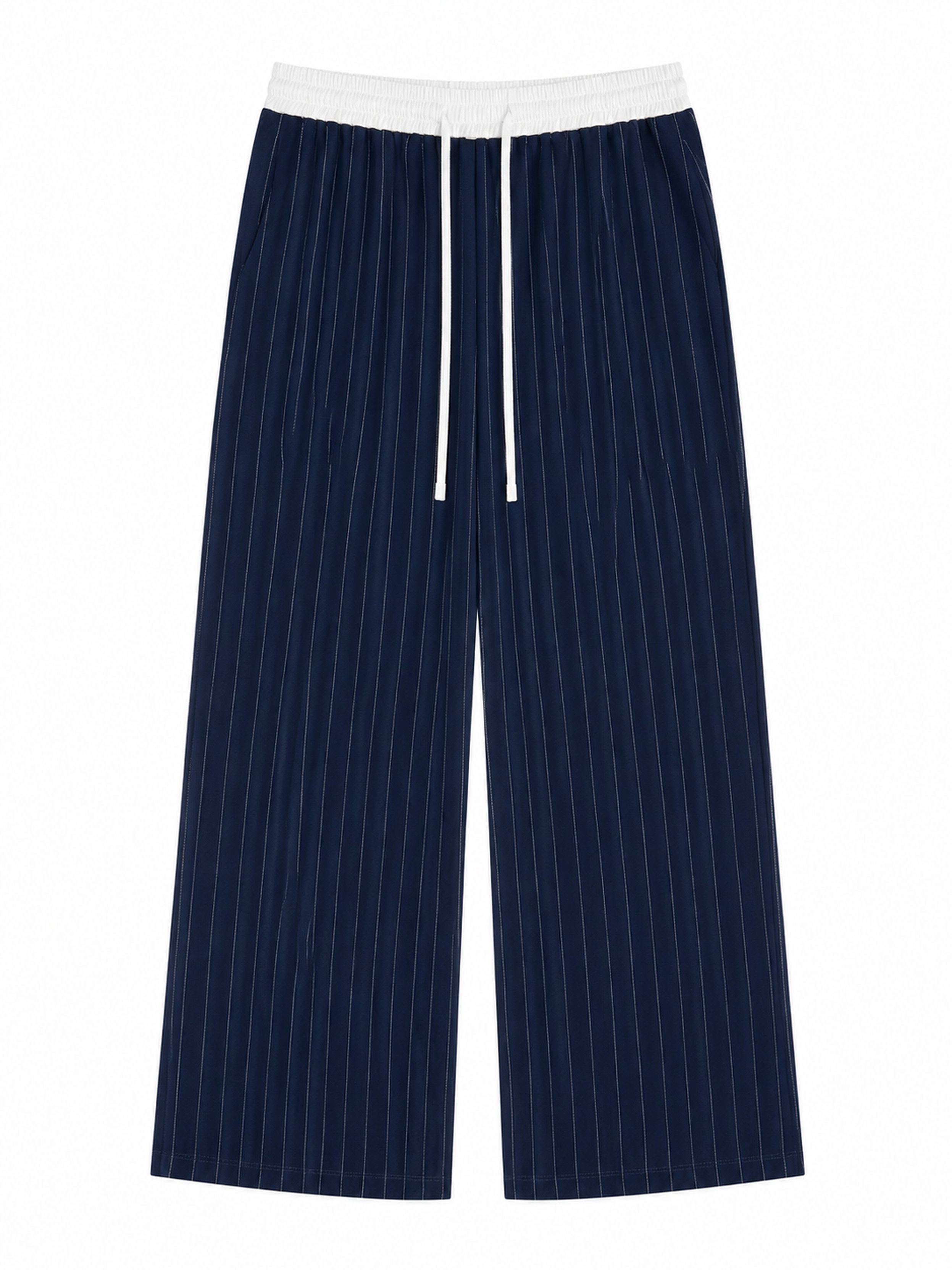 Women's Navy Blue Pinstripe Wide‑Leg Pants, High‑Waist White Contrast Elastic Waist Drawstring Loose‑Flow Casual Trousers A-42876
