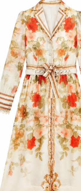 Women's Romantic Floral Print Maxi Dress, V‑Notch Collar Long Puff‑Sleeve Lace‑Trim Belted Vintage Long Gown LA-030420