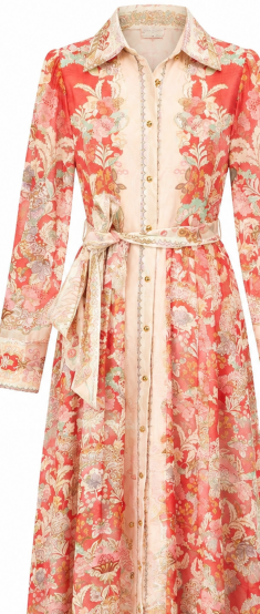 Women's Red Floral Print Shirt Maxi Dress, Collared Button‑Front Long‑Sleeve Self‑Tie‑Belt Bohemian Flowy Long Gown LA-030422
