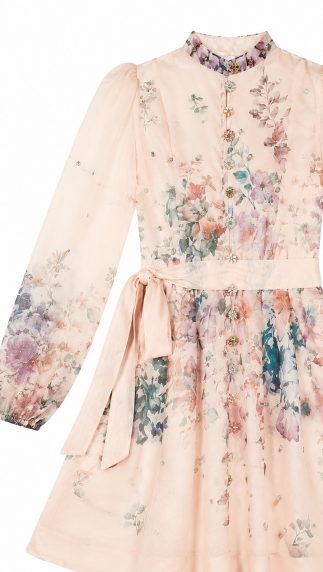 Women's Sparkly Rhinestone Watercolor Floral Mini Dress, Stand‑Collar Puff‑Long‑Sleeve Sash‑Tie‑Waist Romantic Flowy Short Gown LA-030412