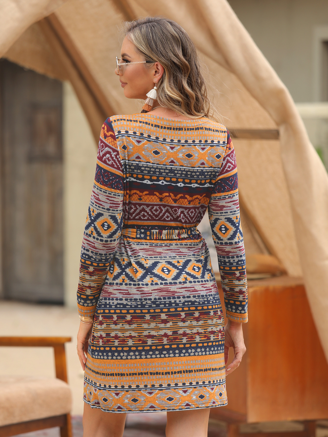 Women’s Boho Tribal Print Long Sleeve Drawstring Mini Dress M-33630