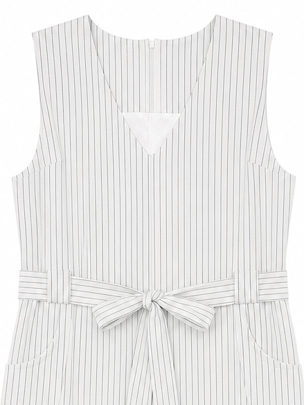Women's Vertical‑Stripe Linen Sleeveless Jumpsuit, V‑Back Self‑Tie‑Belt Wide‑Leg Long Romper With Side Pockets A-41919