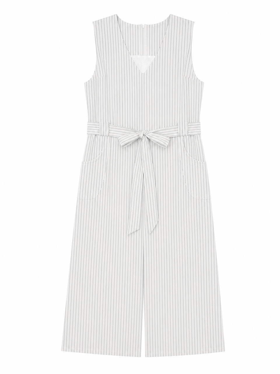 Women's Vertical‑Stripe Linen Sleeveless Jumpsuit, V‑Back Self‑Tie‑Belt Wide‑Leg Long Romper With Side Pockets A-41919