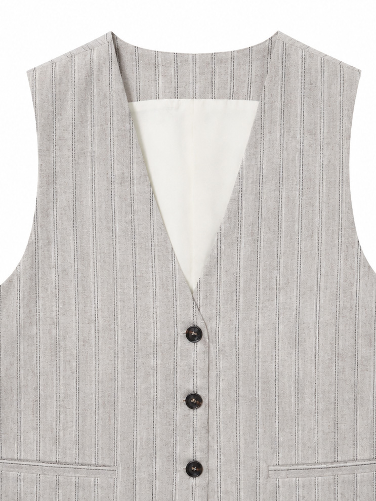 Versatile Cropped Striped Linen Vest, Women V‑Neck Sleeveless Single‑Breasted Pocketed Layering Outer Top A-42106