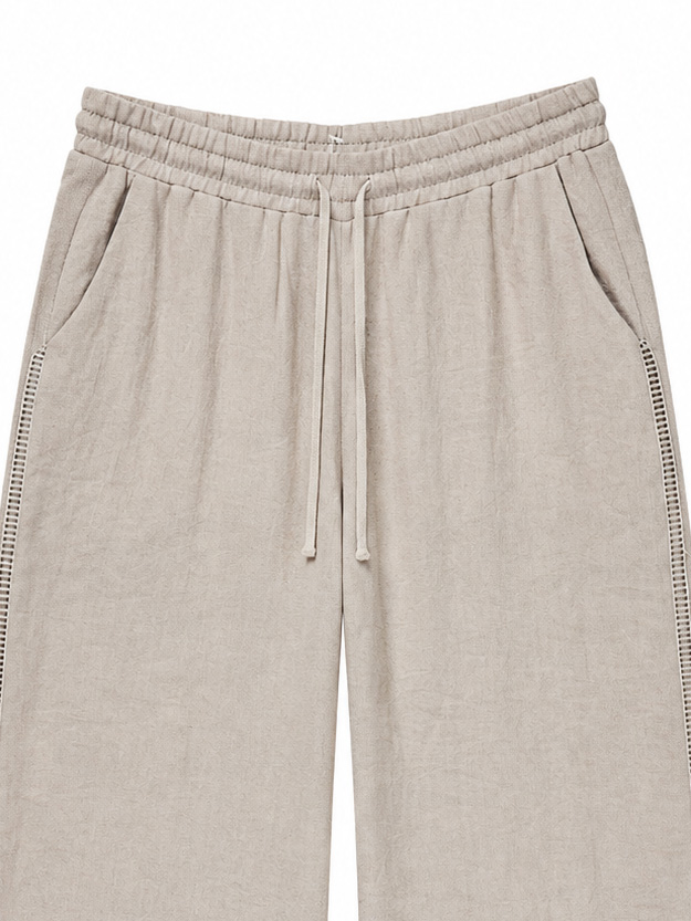 Elegant Casual‑Wear Linen Wide‑Leg Trousers, Women High‑Rise Drawstring Waist Side‑Accent Loose‑Fit Summer Pants A-42204H