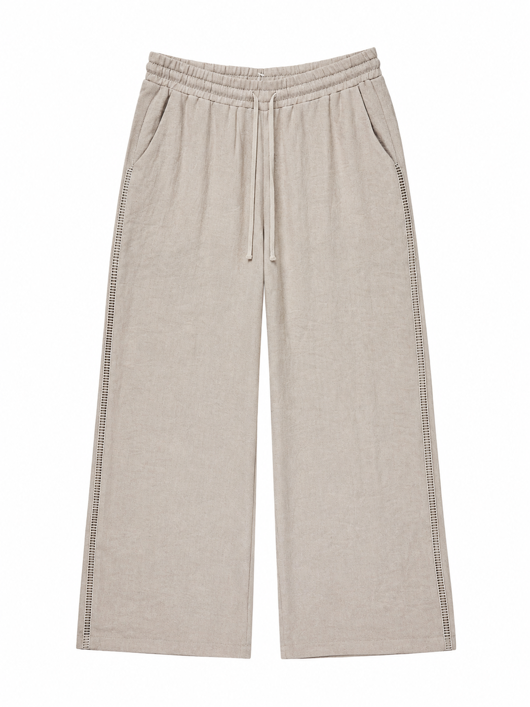 Elegant Casual‑Wear Linen Wide‑Leg Trousers, Women High‑Rise Drawstring Waist Side‑Accent Loose‑Fit Summer Pants A-42204H