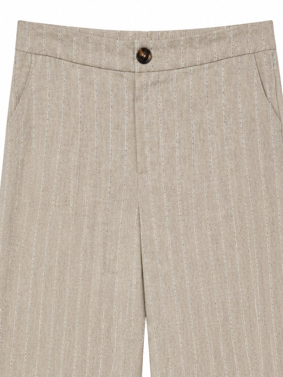 Women's Beige Vertical‑Stripe High‑Waist Flared Trousers, Button‑Front Elastic‑Back Waist Side‑Pocket Office Casual Pants A-42296