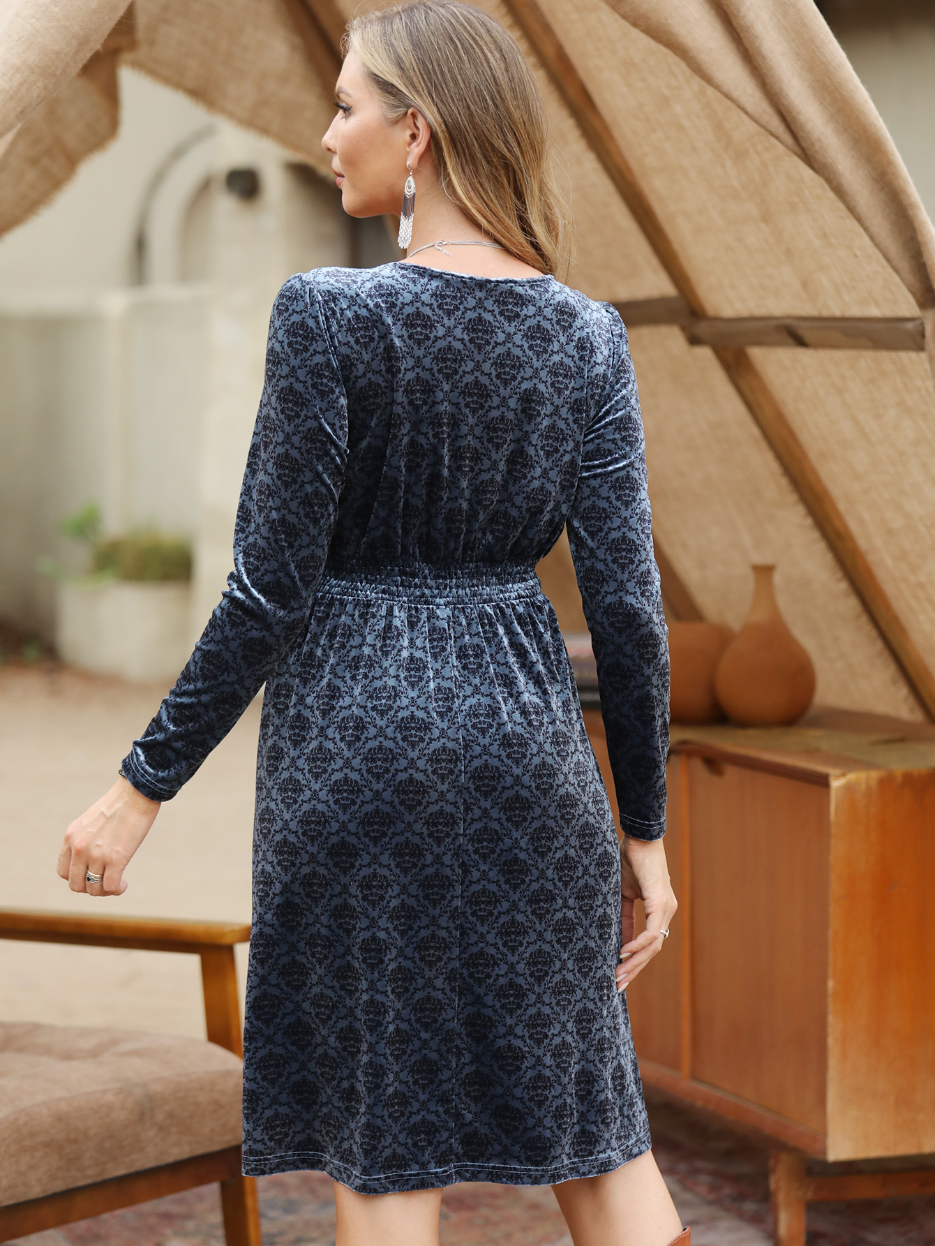 Women’s Vintage Floral V-Neck Long Sleeve A-Line Mini Dress M-33654
