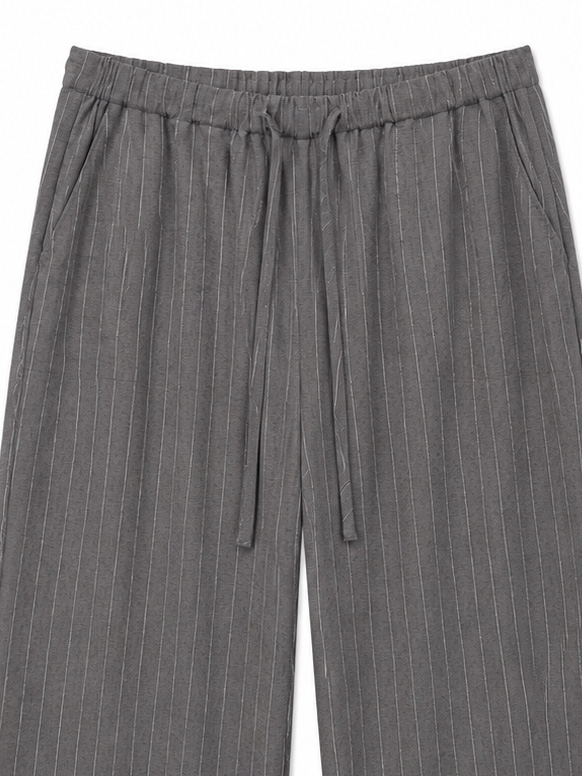 Elegant Loose‑Fit Striped Linen Trousers, Women Grey High‑Waist Drawstring Elastic‑Waist Everyday Wide‑Leg Pants C-41881H