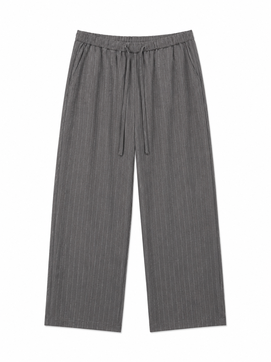 Elegant Loose‑Fit Striped Linen Trousers, Women Grey High‑Waist Drawstring Elastic‑Waist Everyday Wide‑Leg Pants C-41881H