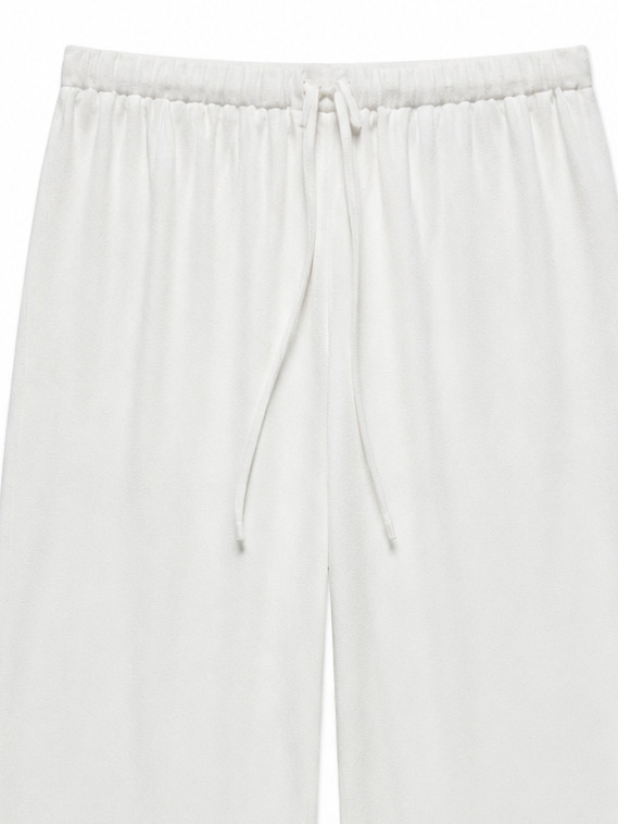 Women's White Linen‑Look Drawstring Wide‑Leg Pants, Elastic High‑Waist Loose‑Fit Flowy Casual Long Trousers With Pockets C-42525