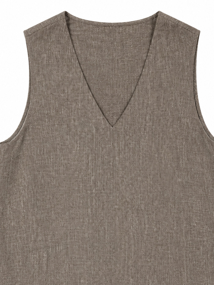 Chic Minimalist Halter Sleeveless Blouse, Women V‑Neck Brown Linen‑Look Loose‑Fit Mid‑Length Tunic Top C-42613