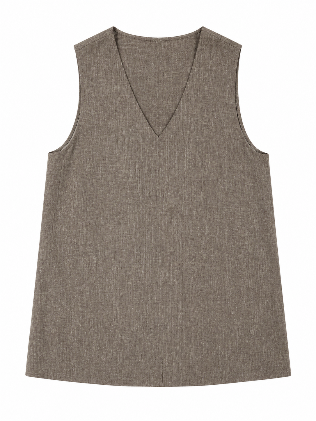 Chic Minimalist Halter Sleeveless Blouse, Women V‑Neck Brown Linen‑Look Loose‑Fit Mid‑Length Tunic Top C-42613