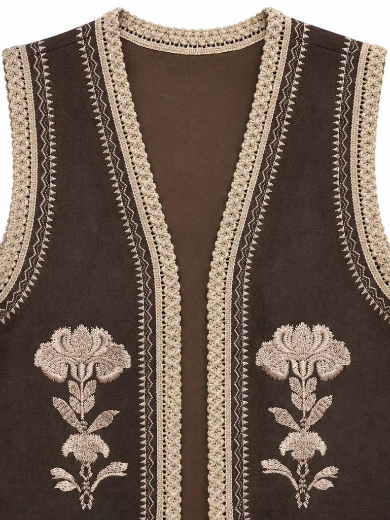 Women's Boho Floral‑Embroidered Cropped Vest C-43120