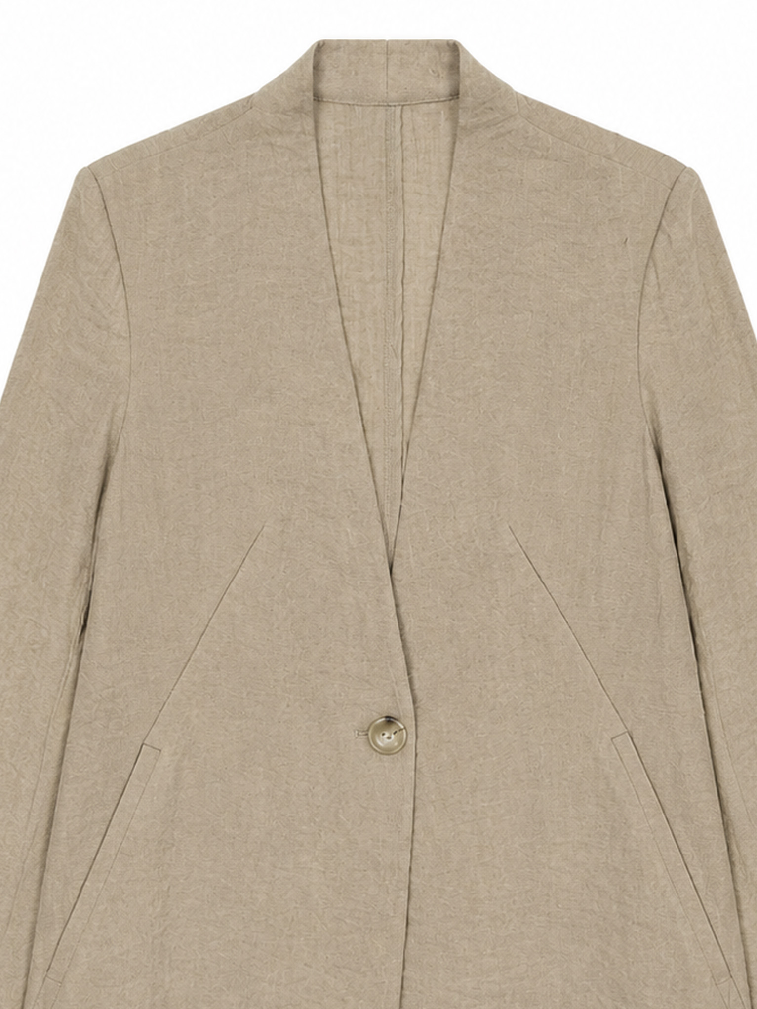 Women's Khaki Textured Collar‑Less Linen‑Blazer Jacket C-43620