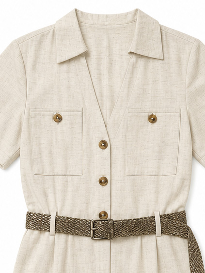 Women's Cream Linen‑Texture Belted Jumpsuit H-37801