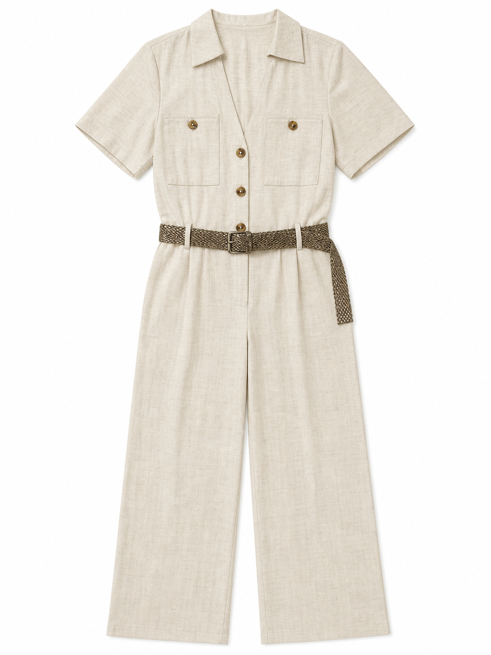 Women's Cream Linen‑Texture Belted Jumpsuit H-37801