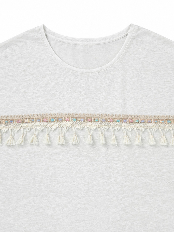 Women's White Linen‑Texture Boho Short‑Sleeve Top M-35165