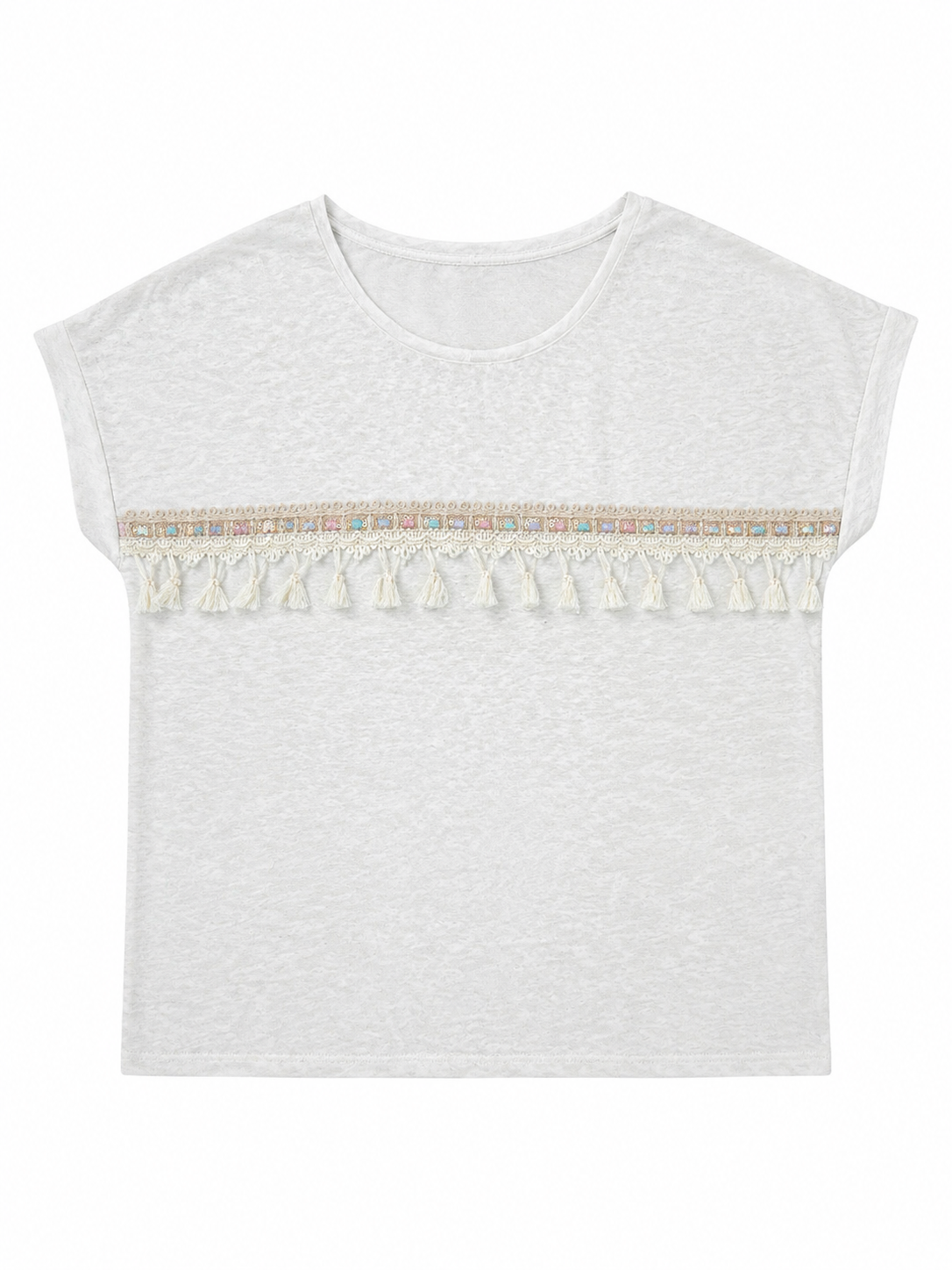 Women's White Linen‑Texture Boho Short‑Sleeve Top M-35165