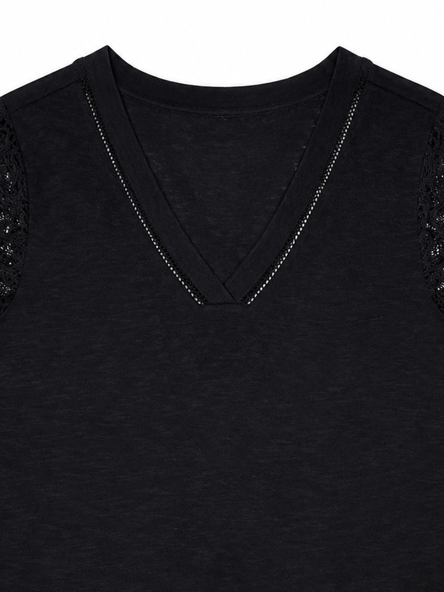 Women's Black V‑Neck Linen‑Texture Short‑Sleeve Top M-42248-1