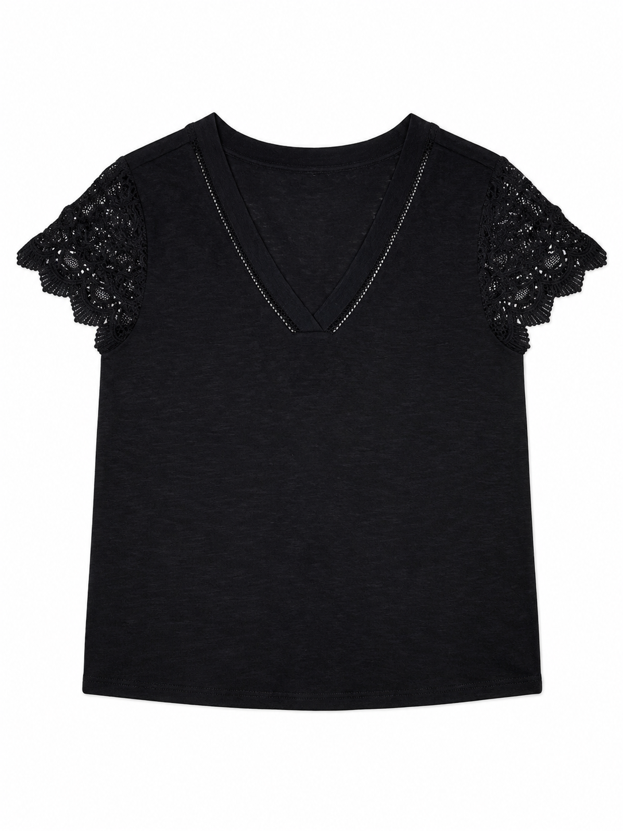 Women's Black V‑Neck Linen‑Texture Short‑Sleeve Top M-42248-1