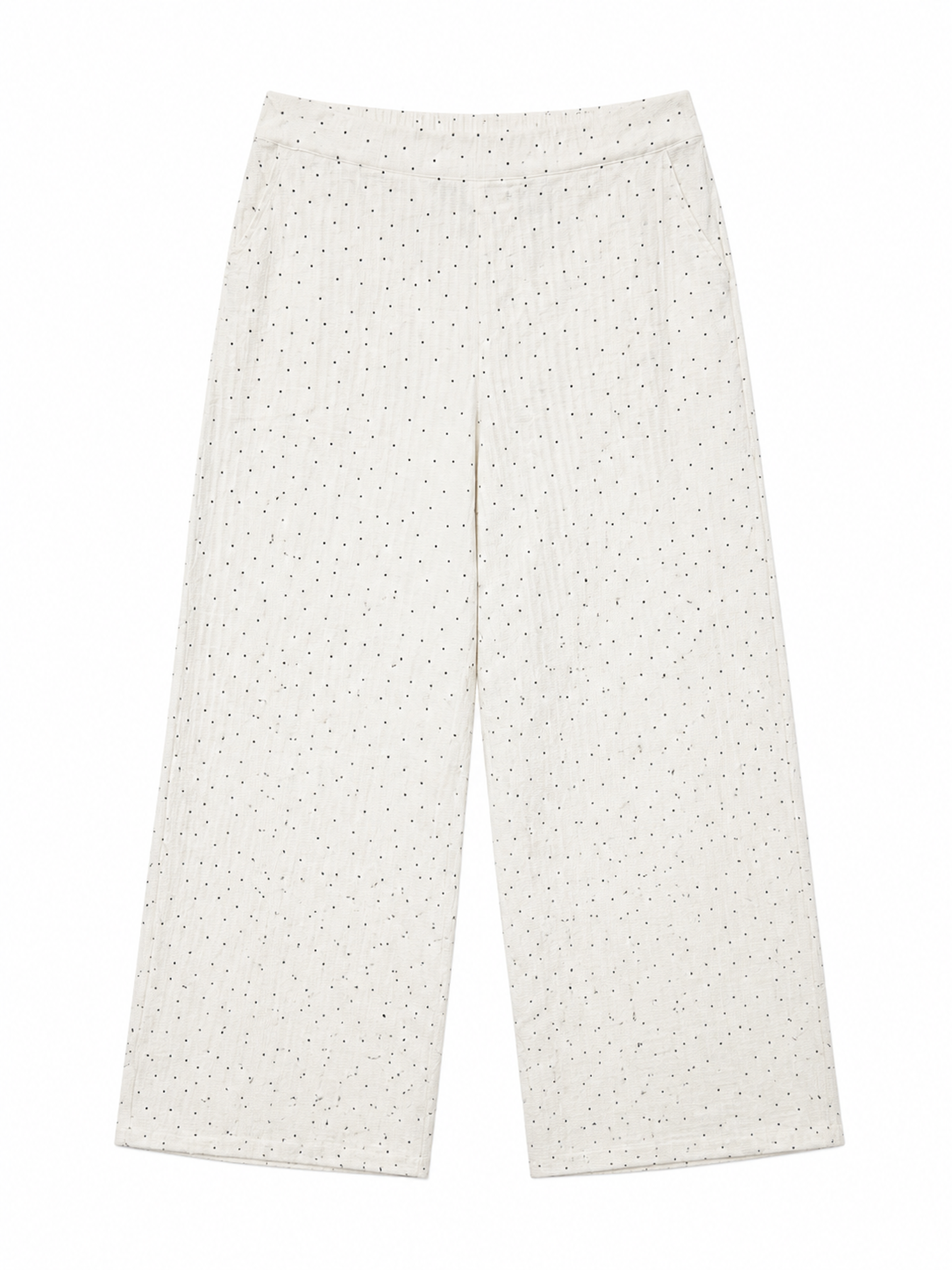Women's Cream Polka‑Dot Linen‑Texture Wide‑Leg Cropped Trousers M-43507
