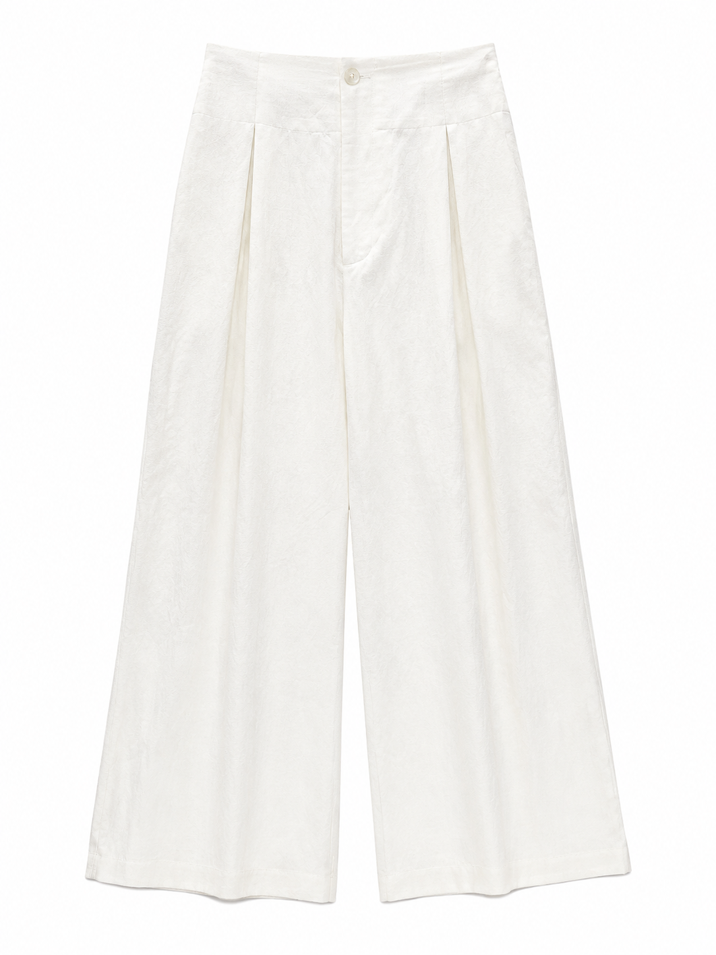 Women's White Linen‑Texture Wide‑Leg Trousers W-36562