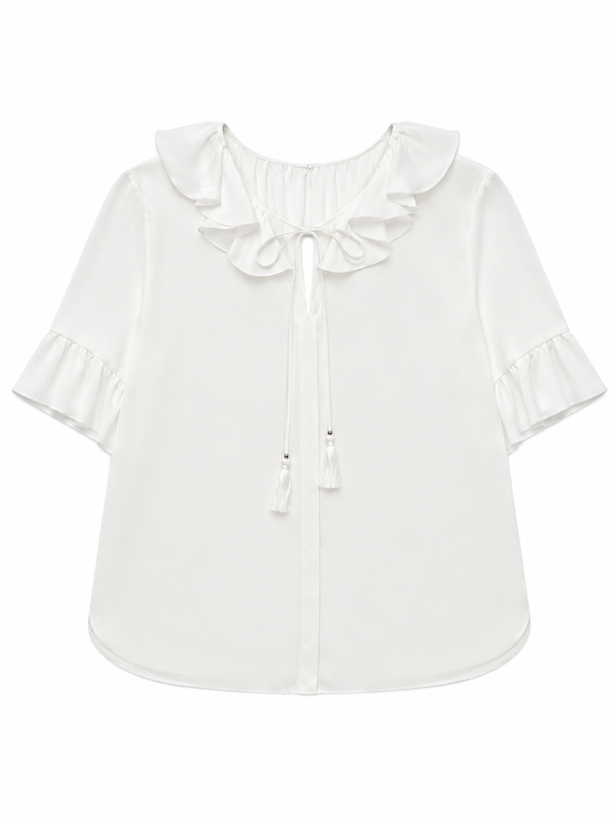 Women's White Ruffle‑Neck Chiffon Blouse W-38490