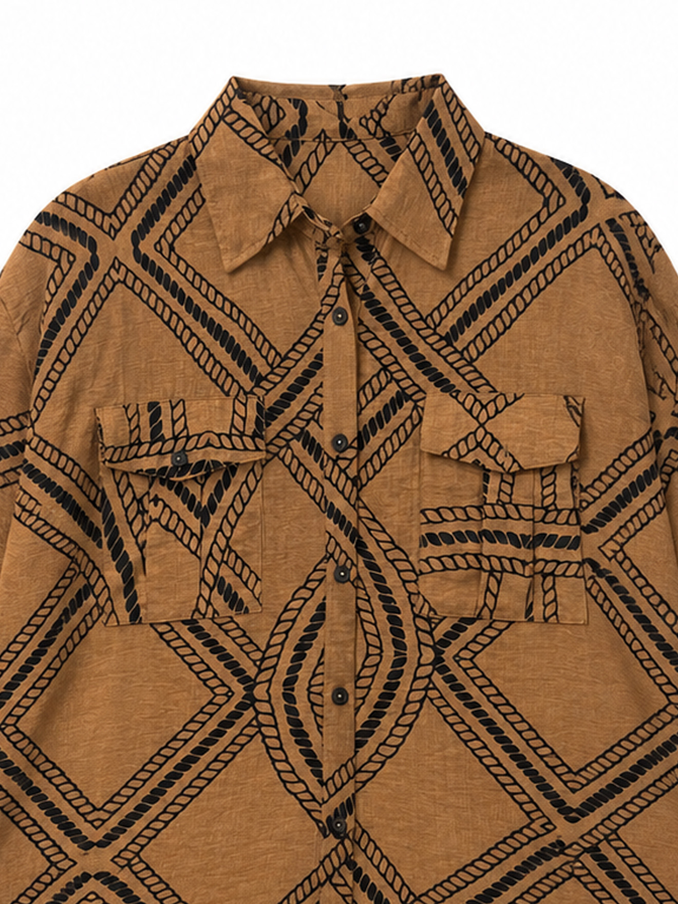 Elegant Brown Printed Loose‑Fit Blouse W-43410