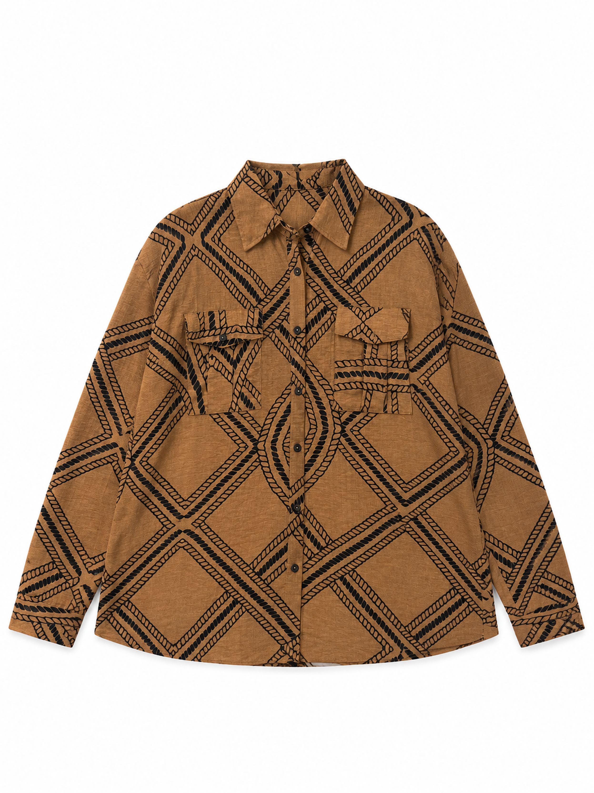 Elegant Brown Printed Loose‑Fit Blouse W-43410