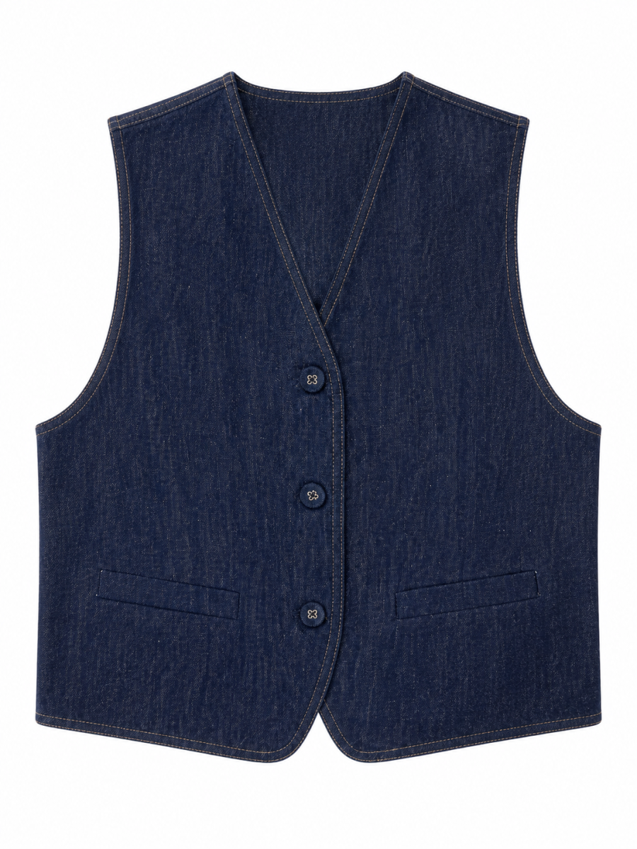 Retro Dark‑Blue Denim Layering Vest C-41024