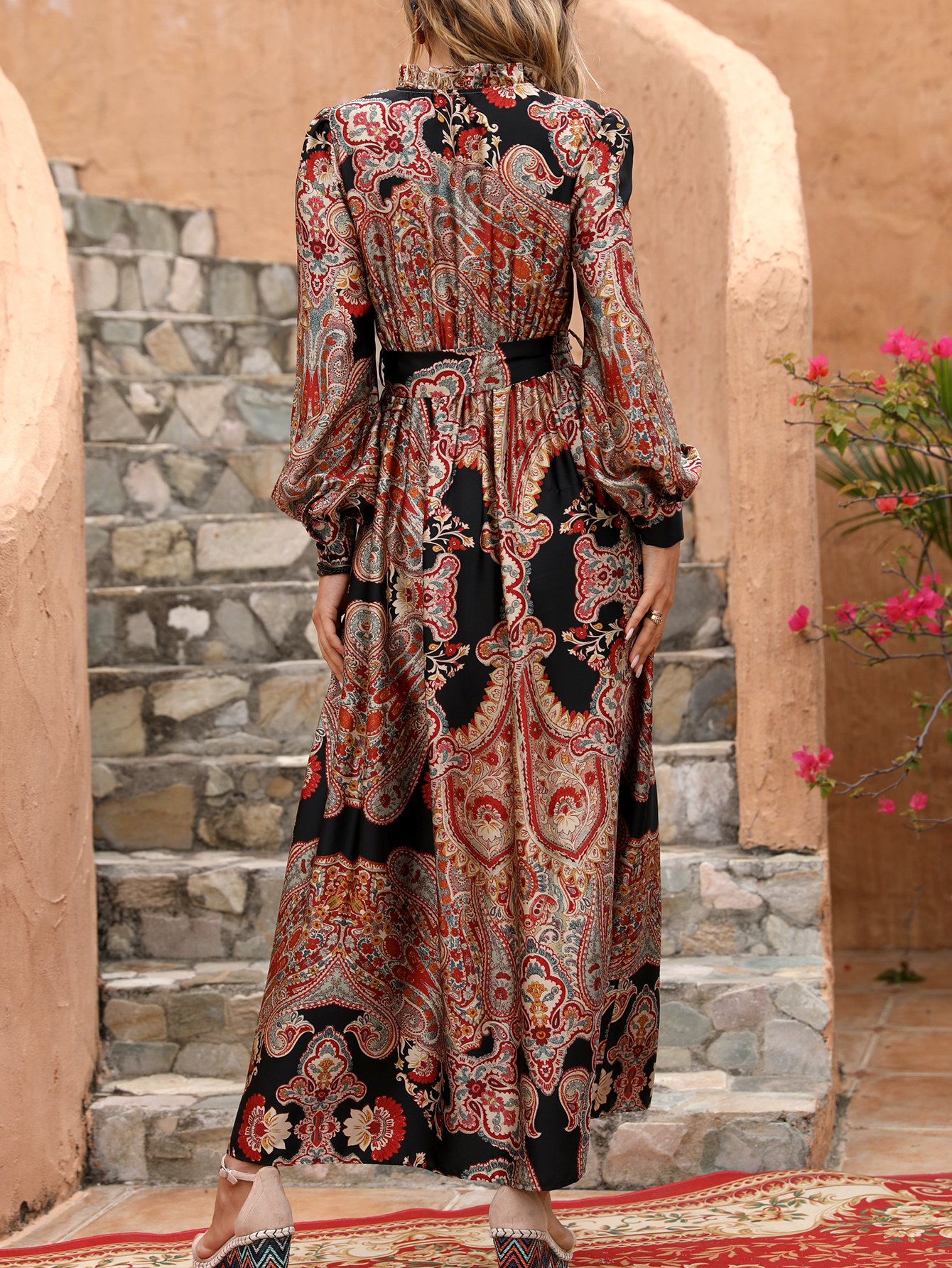 Women’s Vintage Paisley Boho Tie Waist Maxi Dress M-33856