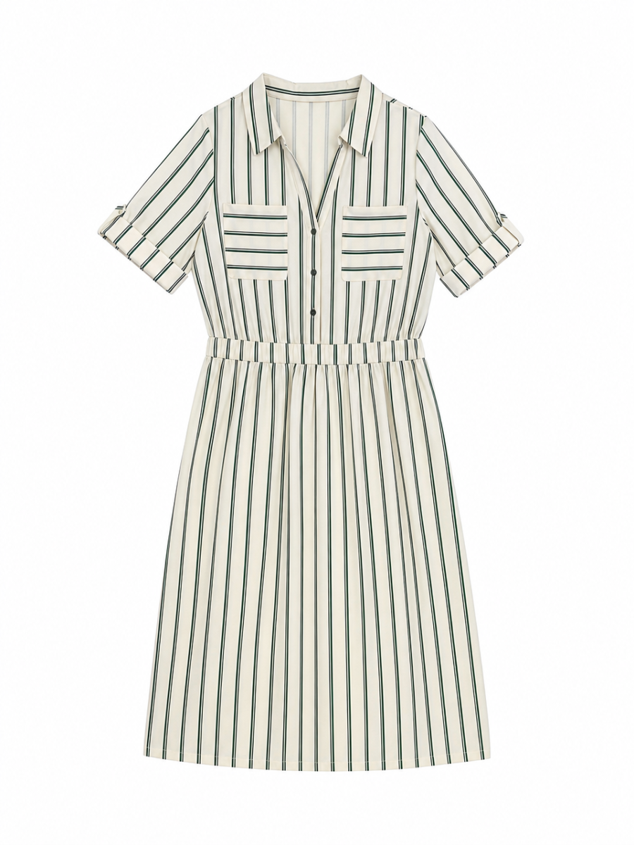 Women Vertical‑Striped Shirt Midi Dress C-42079
