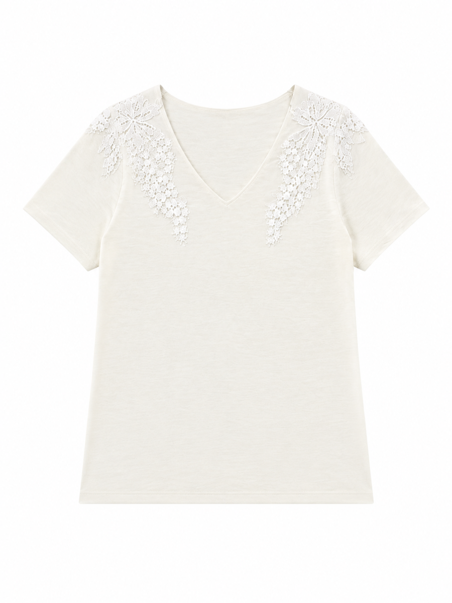 Chic Lace Floral Applique V‑Neck T‑Shirt C-42435