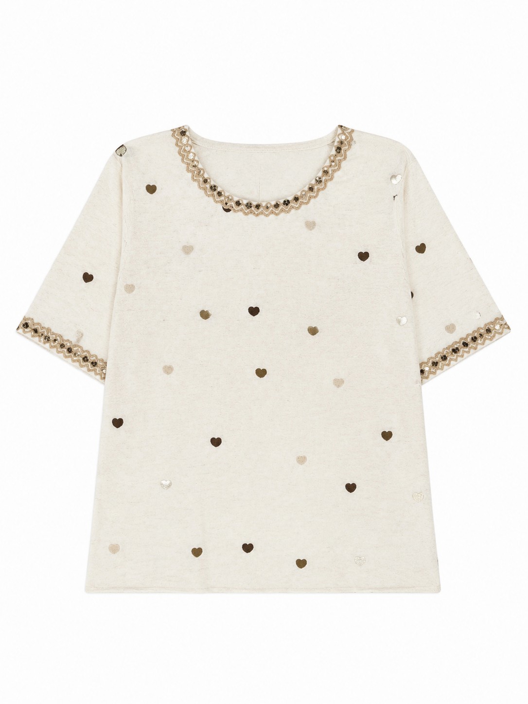 Heart‑Embroidered Top Beaded Lace Trim Loose‑Fit Casual Shirt C-42868