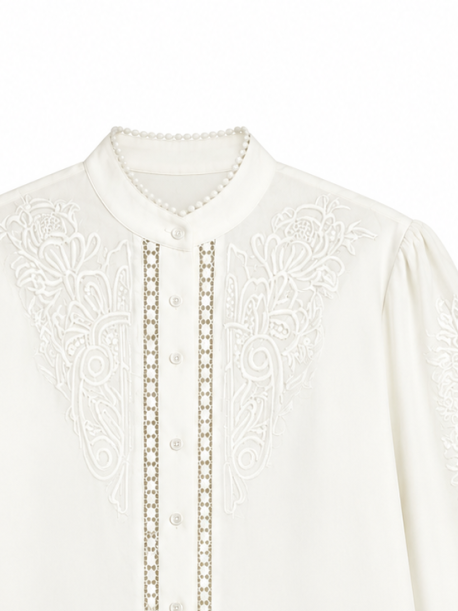 Women Stand‑Collar Pearl‑Trim Blouse C-43143