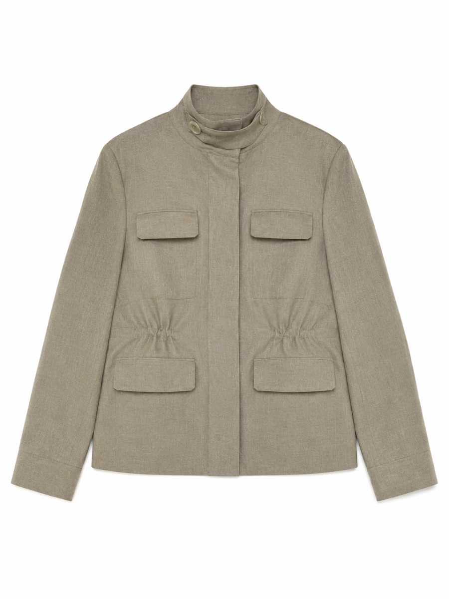Women Stand‑Collar Linen Safari Jacket C-43332