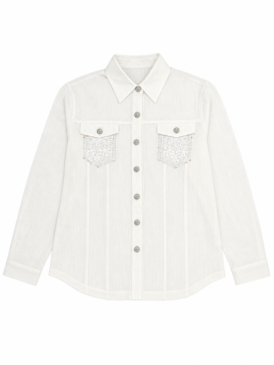 Boho Vintage Lace‑Pocket Long‑Sleeve Shirt D-41663