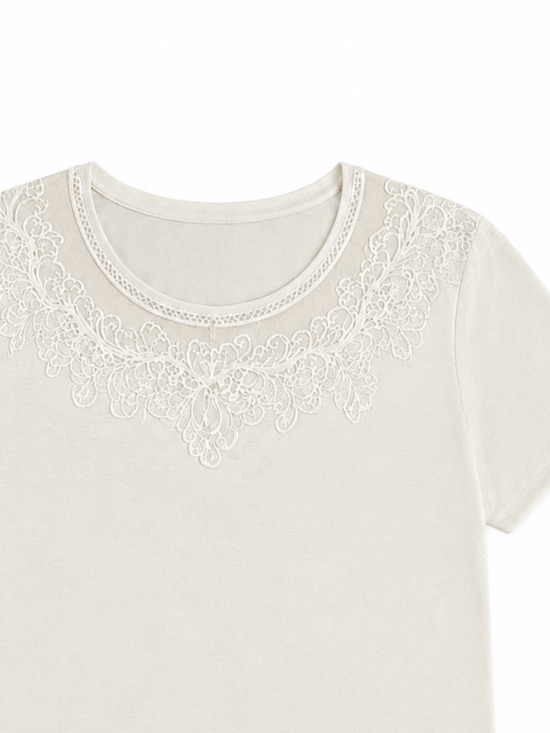 Women Floral‑Lace‑Yoke Crew‑Neck T‑Shirt M-42235