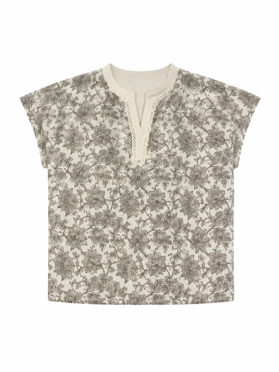 Boho‑Style Floral‑Print Cap‑Sleeve Top M-42459