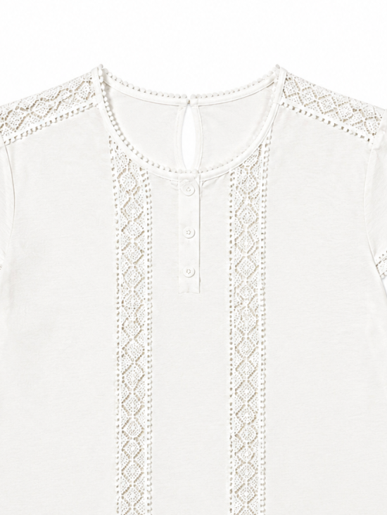 Women Cutwork‑Lace‑Panel Henley‑Neck T‑Shirt M-42816