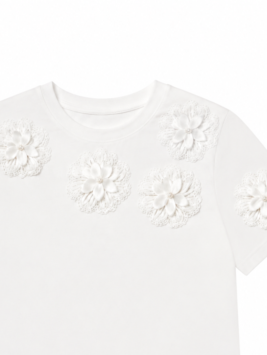 Women 3D‑Floral‑Applique Crew‑Neck T‑Shirt M-43029-2
