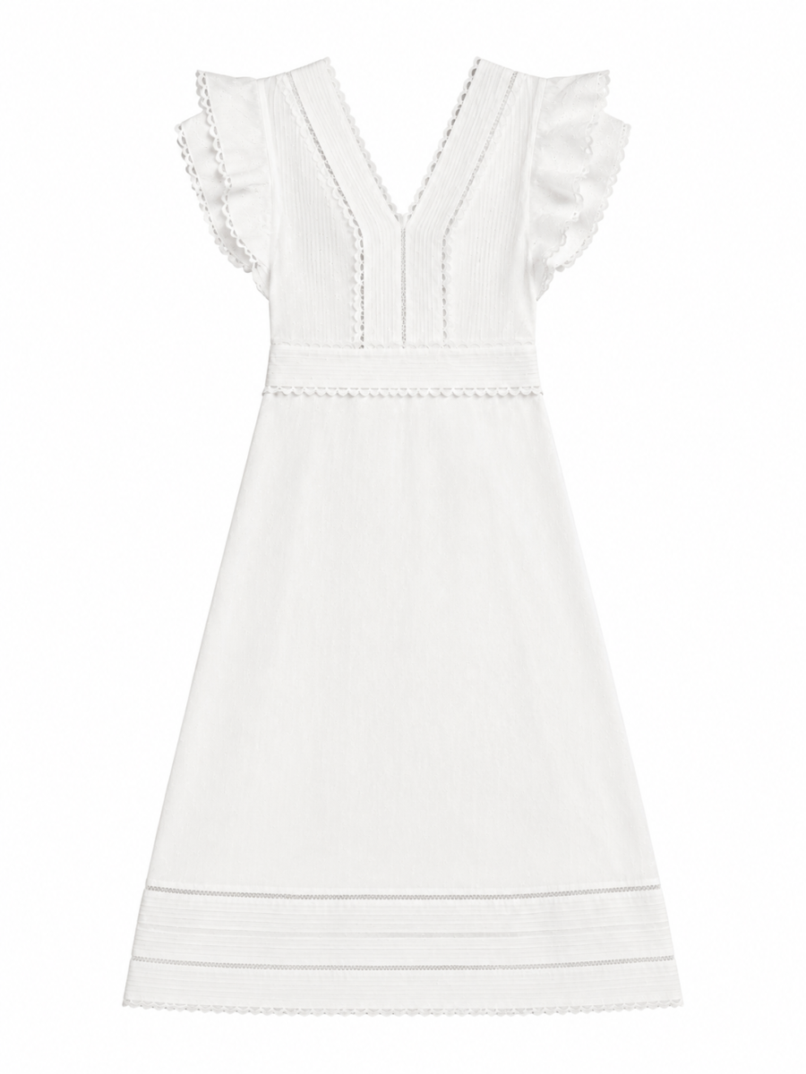 Boho Eyelet‑Textured Flutter‑Sleeve Midi‑Dress M-43634