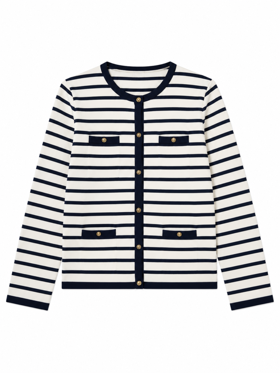 Women Nautical‑Striped Round‑Neck Cardigan Jacket M-43814